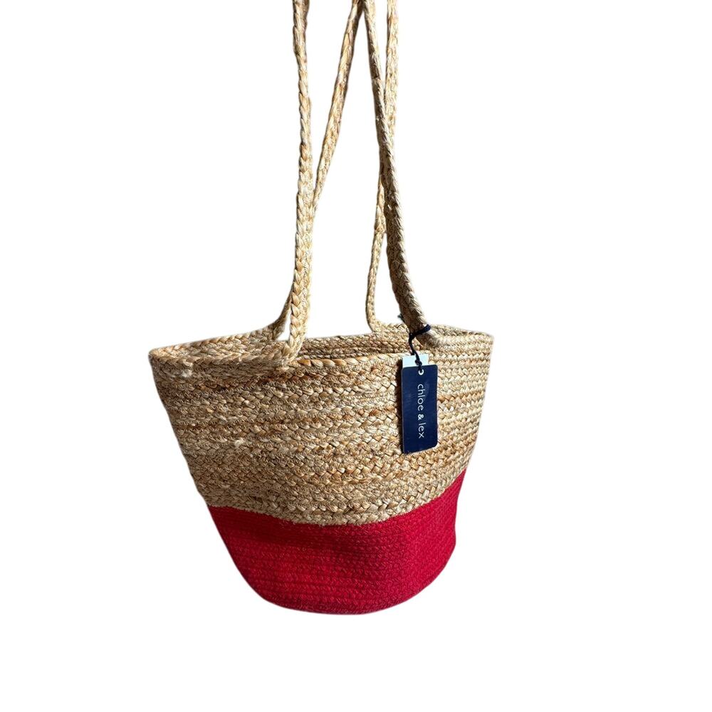 Chloe & Lex tote bag natural jute & red cotton large shoulder bag beach pool NEW